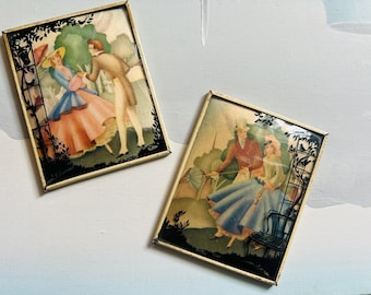 Casal vitoriano pintado de trás, cortejando, vidro convexo