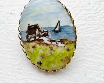 Vintage Hand Painted House By The Beach Brooch