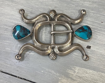 Fivela de cinto Mike Bird Romero em prata e turquesa Bisbee