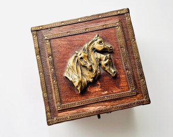 Wooden Hinged Box with 3D Brass Horse Heads