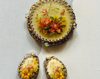 Conjunto de broche e brincos florais vintage da Alemanha Ocidental