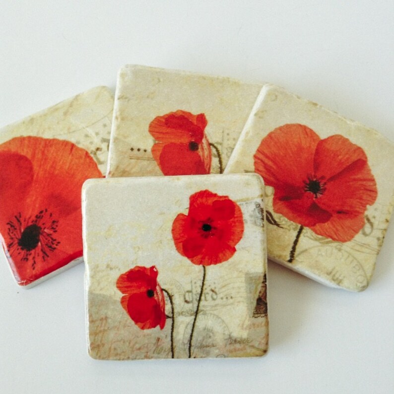 Poppy Flower Coasters Natural Stone Home Decor Etsy