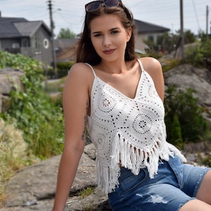 Crochet pattern Top with Fringes , Boho top , Granny square top pattern , Festival top ,