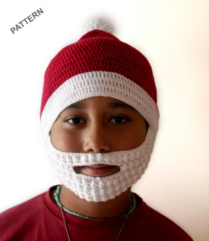May include: A red and white crocheted Santa hat with a white beard and pom pom. The hat has a hole for the mouth.