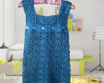 Túnica azul / vestido, parte superior larga, vestido para niños pequeños, patrón de ganchillo