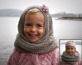 Girls Hooded Cowl , Infinity Scarf , Tube scarf , Crochet Pattern