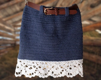 Crochet Denim Skirt , " Jeans " Skirt , Skirt with Lace edging , Toddler skirt , Crochet Pattern