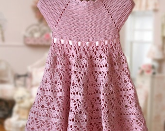 Patrón de ganchillo de vestido de encaje rosa, vestido de niña de flores, vestido rosa para niños pequeños, vestido de verano