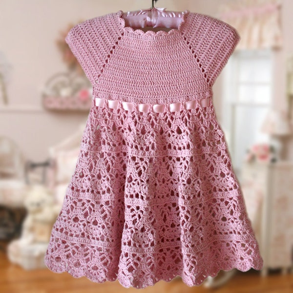 Modèle au crochet de robe en dentelle rose , Robe de demoiselle d'honneur , Robe rose pour tout-petit , Robe d'été