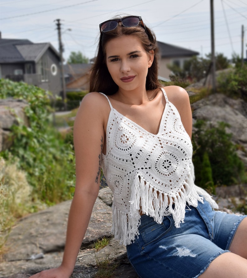 Crochet pattern Top with Fringes , Boho top , Granny square top pattern , Festival top , image 1