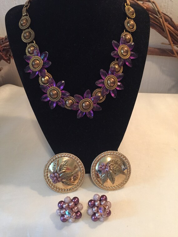 Vintage Purple Plastic Jewelry Mid-Century Flora