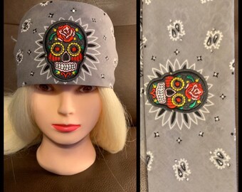 Sugar Skull Bling Bandana - Gray