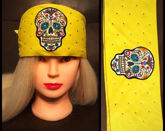 Yellow Sugar Skull Bling Bandana