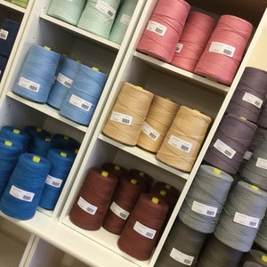 May include: A white shelf unit with various spools of thread in different colors, including blue, green, red, beige, and gray.