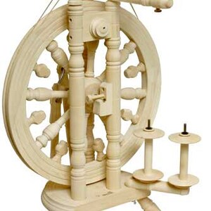 May include: A wooden spinning wheel with a large wheel and a smaller wheel for winding yarn. The wheel is made of natural wood and has a simple, elegant design.