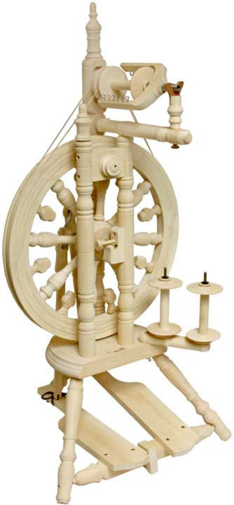May include: A wooden spinning wheel with a large wheel and a smaller wheel for winding yarn. The wheel is made of natural wood and has a simple, elegant design.