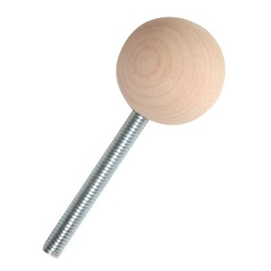 May include: A wooden knob with a threaded metal stem. The knob is light brown and has a smooth, rounded surface.