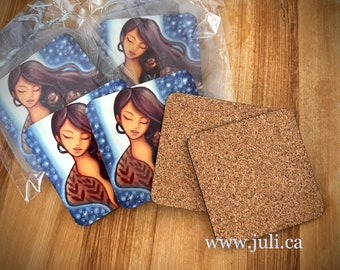 Pretty coasters in cork and durable resin gift idea for hostess and teacher illustrated by Juli Lesage Quebec artist