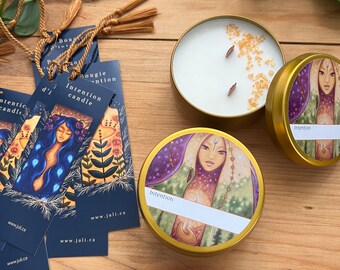 Pretty intention candle to write made of hand-poured soy wax in an 8 ounce metal pot illustrated and juli bookmark