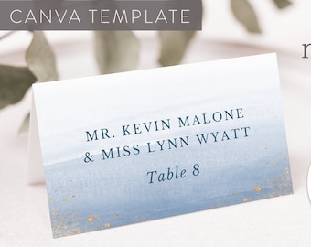 Wedding Place Card Canva Template, Folded Seating Assignment / Meal Card, Watercolor & Sand