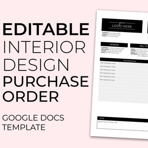 May include: Black and white purchase order template for interior design businesses. The template includes sections for vendor, bill to, delivery, item description, quantity, price, and total. It also includes a notes section.