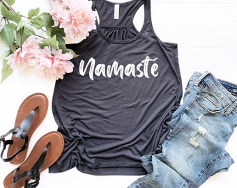 Namaste Shirt. Yoga Tank Top. Long, Flowy Racerback Tank Top. Yoga Shirt. Cute Workout Tank. Fitness Apparel. Workout Clothes.
