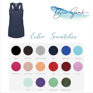 May include: Navy blue racerback tank top. The image also displays a color swatch chart with various colors, including black, dark grey, heather grey, navy, royal blue, and more. The text "Blue Sand Textiles" is in the upper right corner.