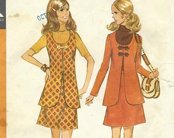 Vintage 1970s Sewing Pattern McCalls 2519 Misses Scoop Neck Jacket Vest & A-Line Skirt Size 12