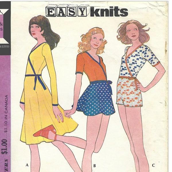 Vintage 1970s Sewing Pattern McCalls 3157 Misses Knit Wrap Top Flared Skirt & Short Shorts Size 14