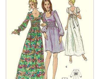 Vintage 1970s Sewing Pattern Butterick 6128 Junior Misses Deep U-Neckline Elasticized Midriff Maxi & Mini Dress Size 5JP FF UNCUT