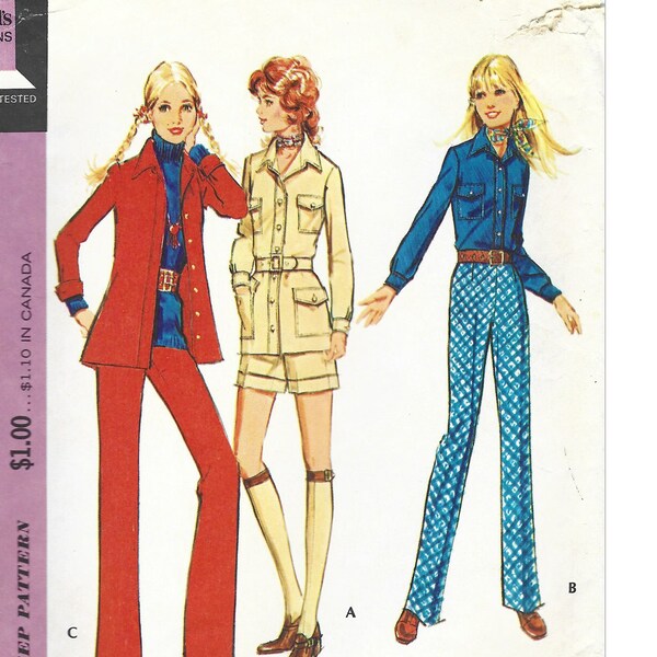 Vintage 1970s Sewing Pattern McCalls 2955 Misses Button Front Shirt Safari Shorts & Straight Leg Pants Size 12 FF UNCUT