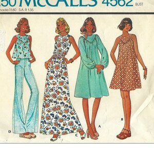 Vintage 1970s Sewing Pattern McCalls 4562 Misses Very Loose Fit Tent Dress & Top Size 10