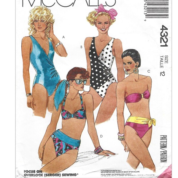 Vintage 1980s Sewing Pattern McCalls 4321 Misses One- & Two-Piece Swimsuit Variations Size 12 FF UNCUT