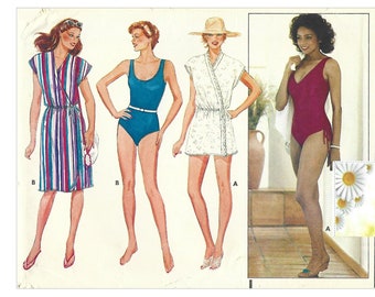 Vintage 1980s Sewing Pattern Butterick 6462 Misses One Piece Swimsuit & Wrap Cover-Up Size 14