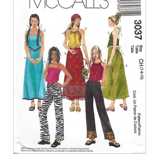Sewing Pattern McCalls 3037 Girls Halter or Sleeveless Top Flared Skirt & Bootleg Pants Size 7-10 FF UNCUT