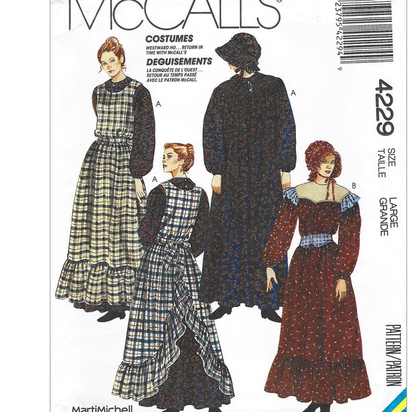 Vintage 1980s Sewing Pattern McCalls 4229 Misses Pioneer Dress Pinafore & Bonnet Costume Size L