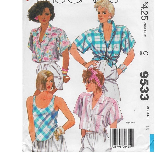 Vintage 1980s Sewing Pattern McCalls 9533 Women Tank Top & Button Front Shirt Size 6 or 18