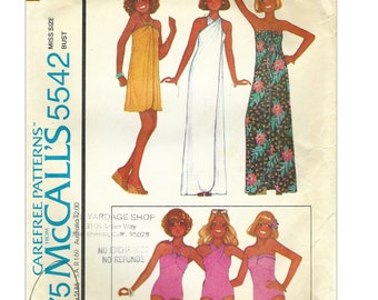 Vintage 1970s Sewing Pattern McCalls 5542 Misses Dress or Cover-up & Swimsuit Size 14(CUT) or 16(FF UNCUT)