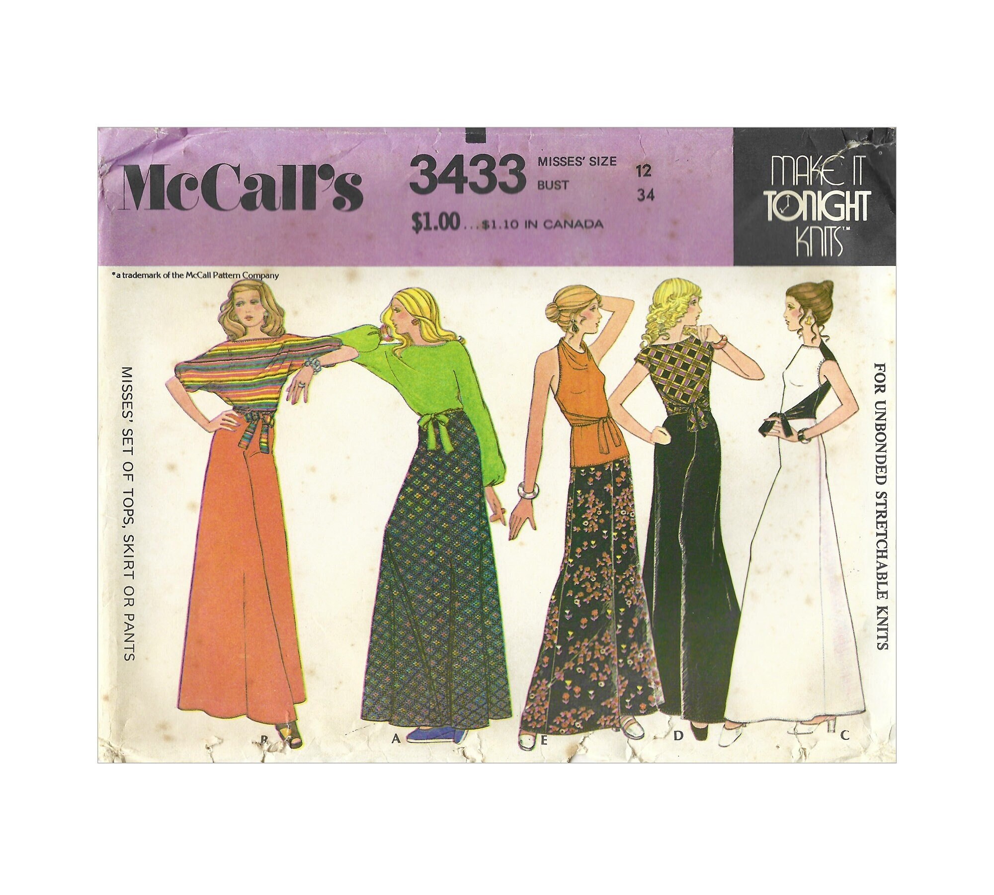 Vintage 1970s Sewing Pattern Mccalls 3433 Misses Cowl or Boat Neck Knit ...