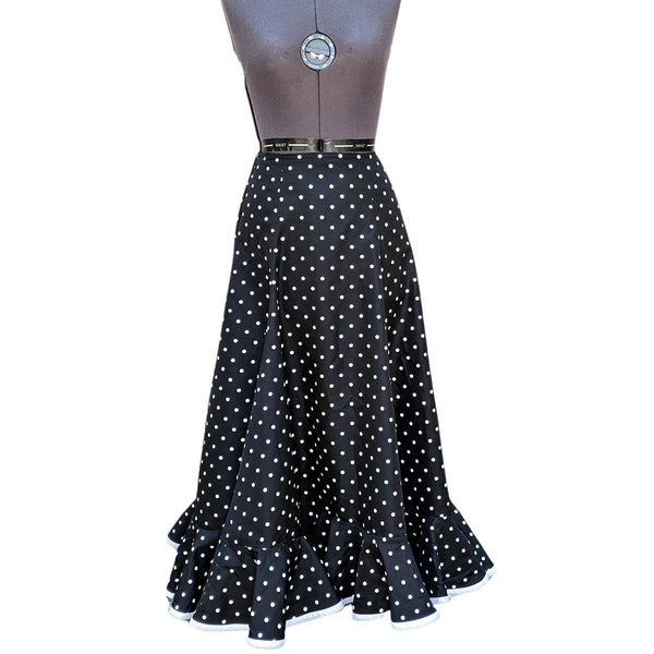 Vintage 80s black and white polka dot taffeta flamenco style skirt