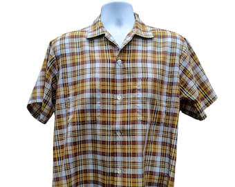 Vintage jaren 50 of 60 kastanjebruin en geel geruit sportshirt