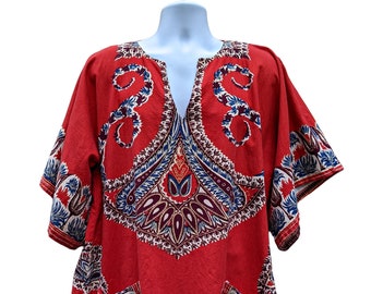 Vintage 1960s or 70s bell sleeve dashiki shirt red and blue natural dye hippie top tunic