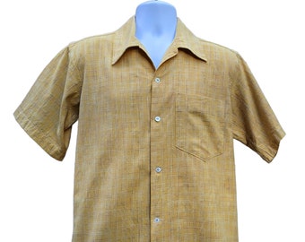 Vintage 1950s or 60s okra yellow with faint hash patteren short sleeve sport shirt