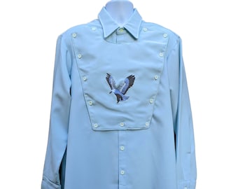 Vintage 80s deadstock pale blue band front western shirt with embroidered eagle and metallic edging