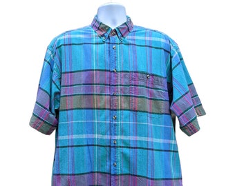 Vintage 80s teal and pink plaid cotton button down shirt