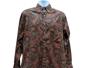 Vintage 90s dark color paisley 100% cotton button down shirt