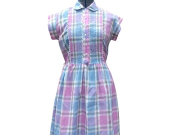 Vintage 50s pink, blue, gray and white plaid cotton dress