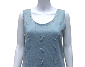 Vintage 60s light blue beaded knit tank, fully lined