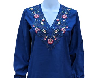 Vintage navy blue hand embroidered floral tunic style shirt blouse