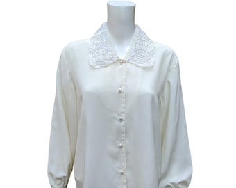 Vintage 80s ivory cream blouse with embroidered sheer collar, romantic blouse, fits up to size medium